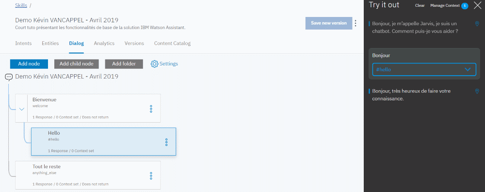 IBM Watson Assistant - Test Intention Hello