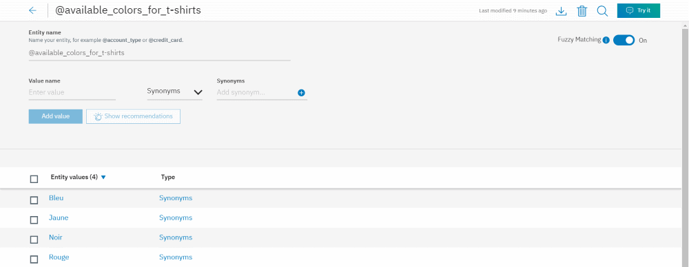 IBM Watson Assistant - Entités couleurs de t-shirts disponibles