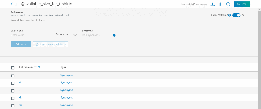 IBM Watson Assistant - Entités taille de t-shirts disponibles
