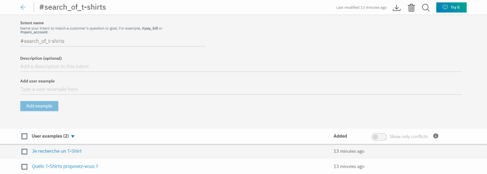 IBM Watson Assistant - recherche de t-shirts disponibles