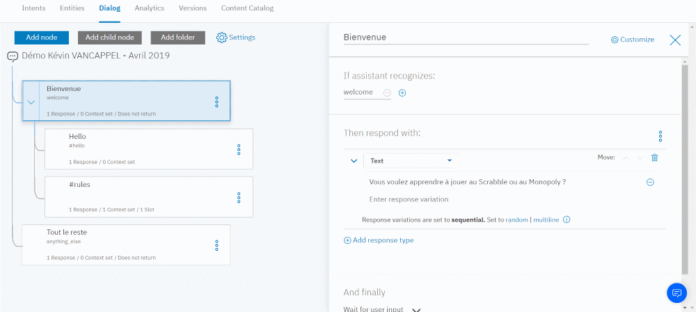 IBM Watson Assistant - Dialog - Bienvenue modifié pour Scrabble ou Monopoly