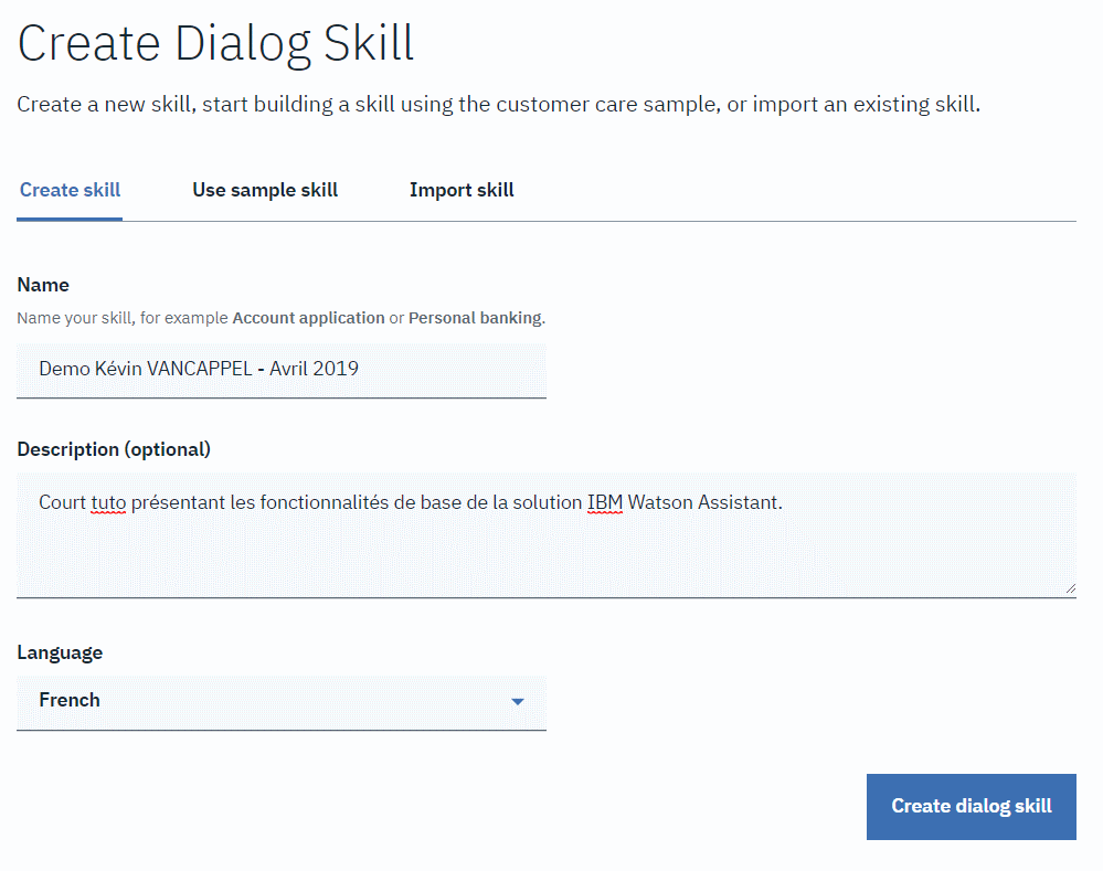 IBM Watson Assistant - Create Dialog Skill