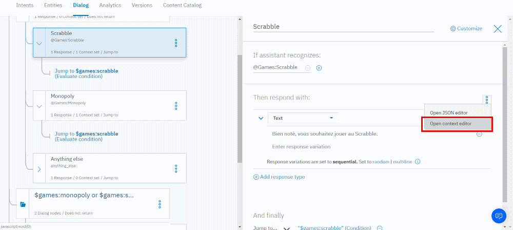 IBM Watson Assistant - Dialog - Open context editor