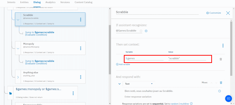 IBM Watson Assistant - Dialog - Open context editor - scrabble
