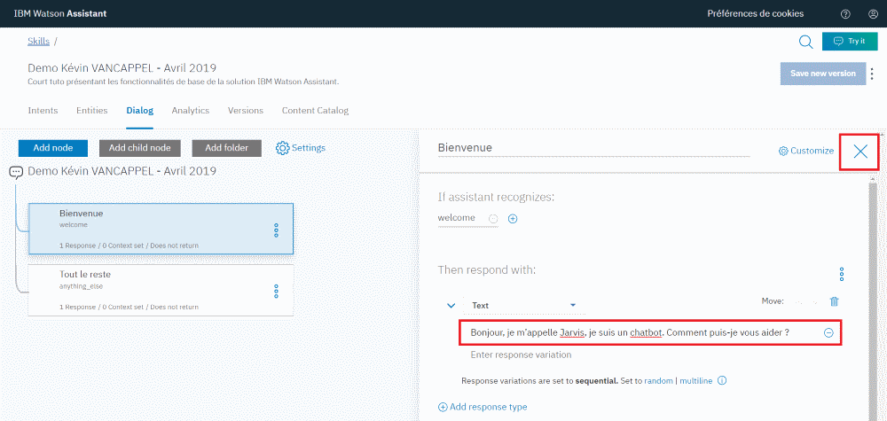 IBM Watson Assistant - Noeud Bienvenu modifié