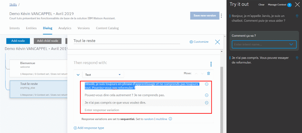 IBM Watson Assistant - Noeud "Tout le reste" modifié