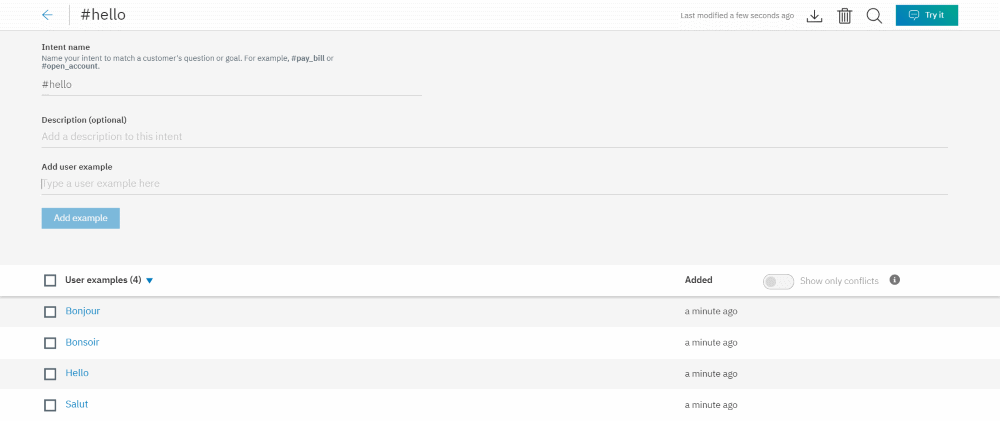 IBM Watson Assistant - Intention "Hello"