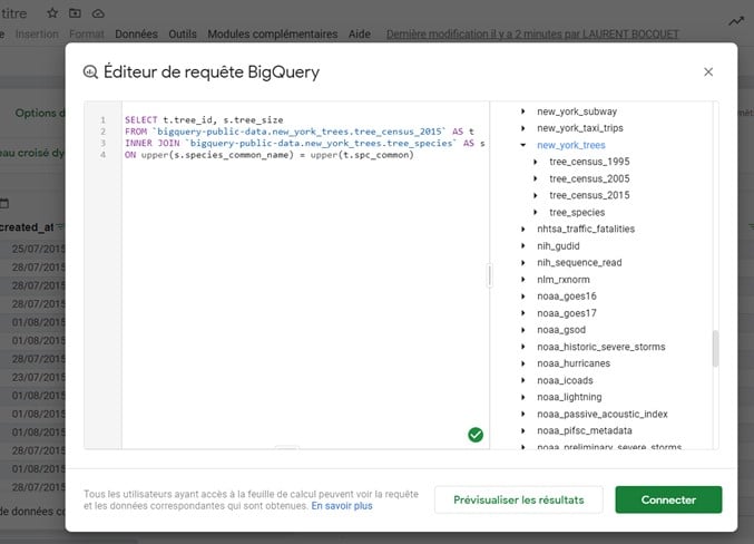 BigQuery dans Google Sheets - Saisir une requête SQL