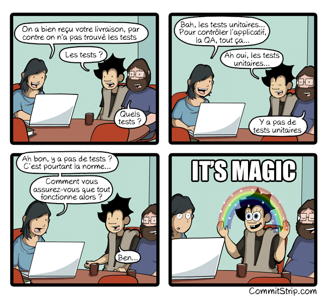 Illustration "Où sont les tests unitaires ?" - CommitStrip.com