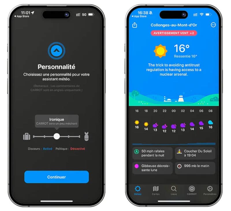 Ecran de personnalisation de l’assistant de l’app météo Carrot Weather