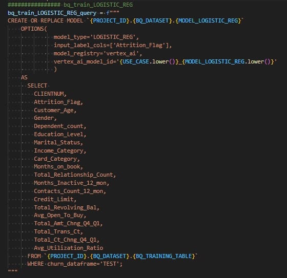 Exemple de requête SQL intégrée au pipeline d'entrainement BigQueryML